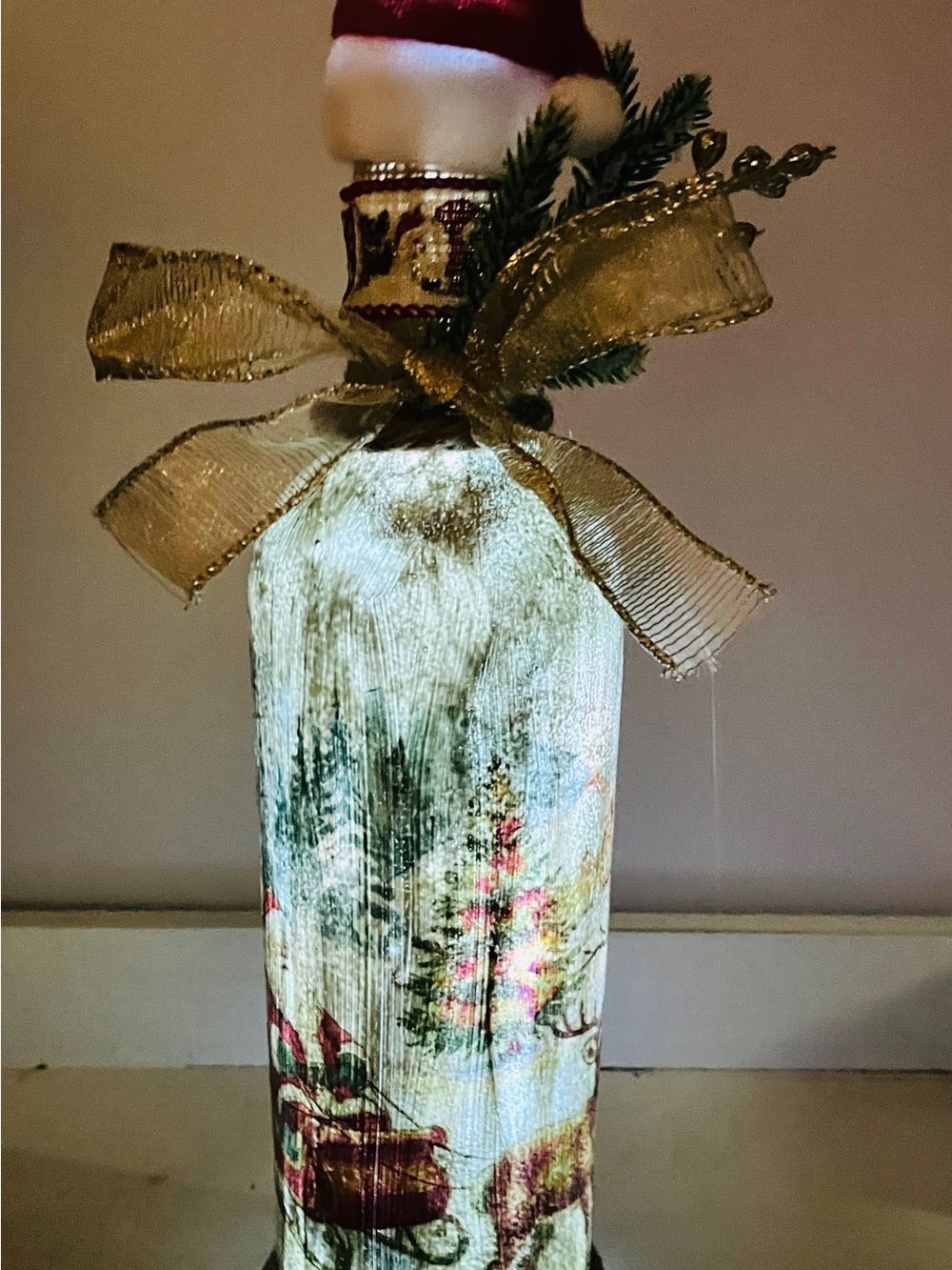 Festive Lighted Bottle Accent in Cream, Gold and Green
